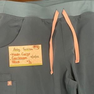 4. FIGS Scrub pants Kade Cargo, Caribbean Blue with light pink drawstring -L $44